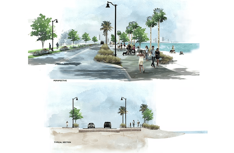 Street with people walking and riding bicycles, surrounded by trees, street lights, plants, grass, and vehicles