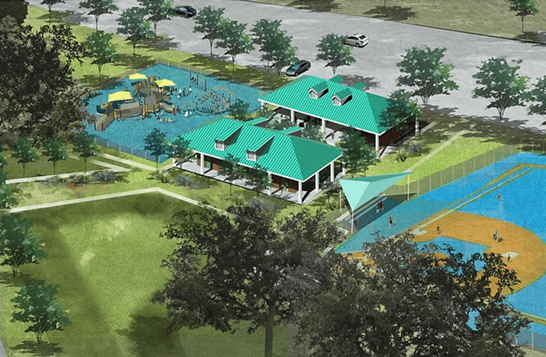 Artist's rendering of a proposed water park in the middle of a park, with houses, trees, grass, a swimming pool