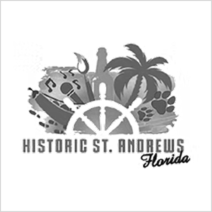 Historic St. Andrews Florida logo, which features a tree, a wheel, and other objects