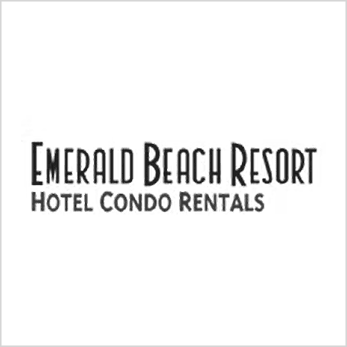 Text "Emerald Beach Resort Hotel Condo Rentals" written in black on a white background