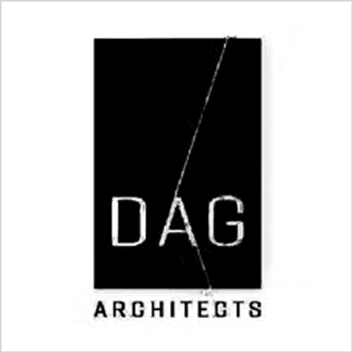 Black and white logo with the words "dag architects" written on it against a white background