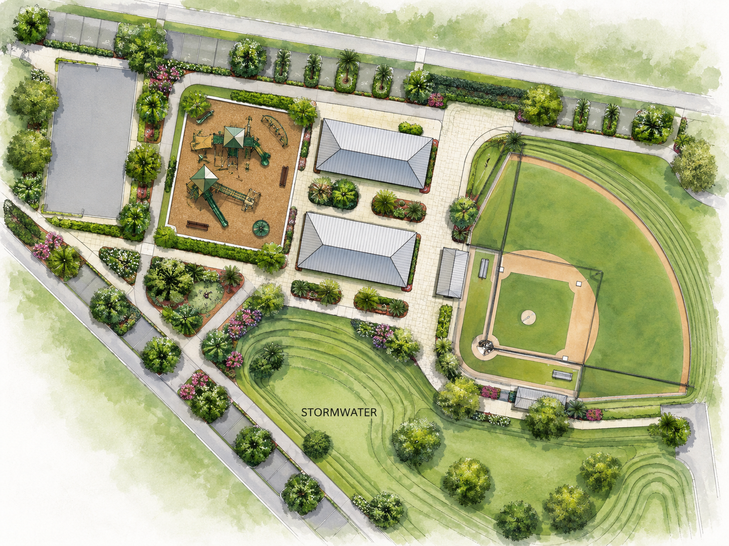 Baseball field with a baseball diamond in the middle, surrounded by trees, plants, and grass
