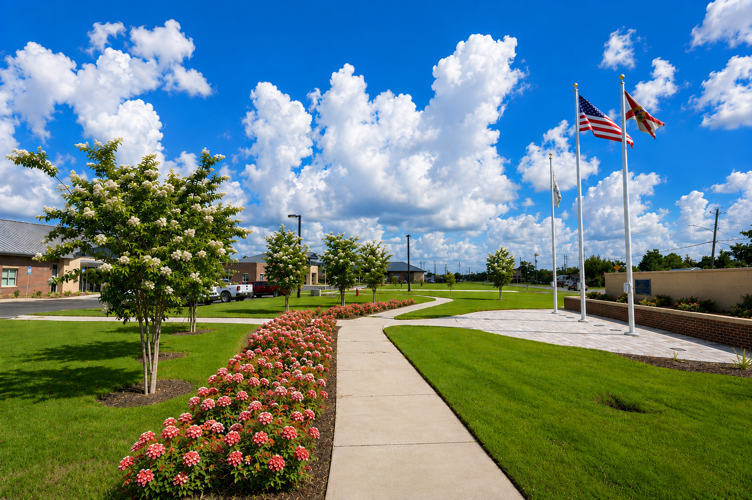 Vibrant landscape with flags